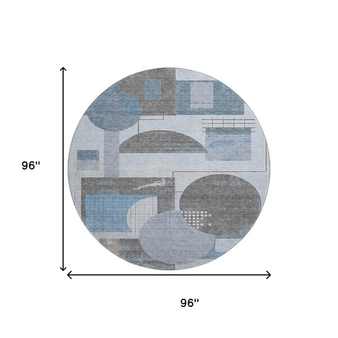 8' Blue Gray And Ivory Geometric Washable Round Rug With UV Protection