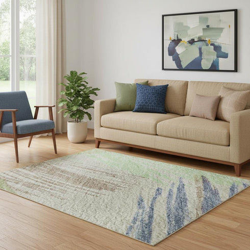 5' X 8' Beige Purple And Mint Green Striped Washable Area Rug With UV Protection