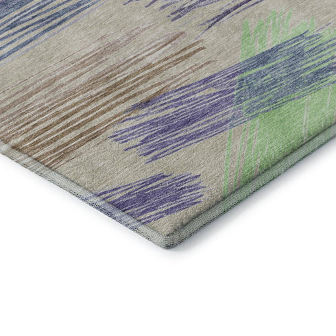 5' X 8' Beige Purple And Mint Green Striped Washable Area Rug With UV Protection