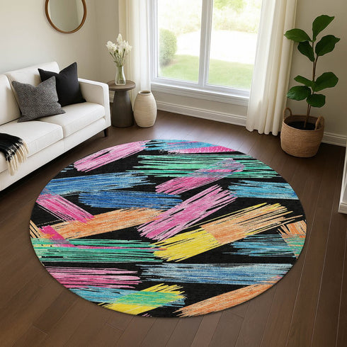 8' Black Pink And Yellow Striped Washable Round Rug With UV Protection