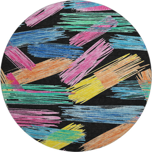 8' Black Pink And Yellow Striped Washable Round Rug With UV Protection
