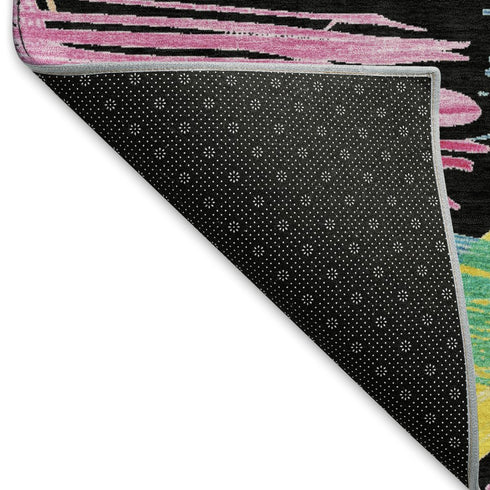 8' Black Pink And Yellow Striped Washable Round Rug With UV Protection