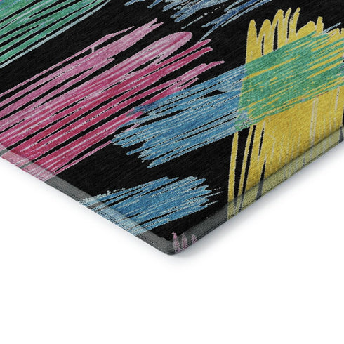 8' Black Pink And Yellow Striped Washable Round Rug With UV Protection