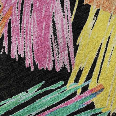 8' Black Pink And Yellow Striped Washable Round Rug With UV Protection
