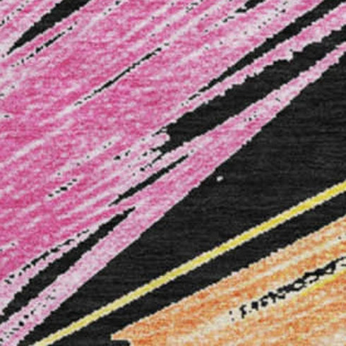 8' Black Pink And Yellow Striped Washable Round Rug With UV Protection
