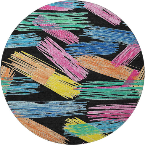 8' Black Pink And Yellow Striped Washable Round Rug With UV Protection