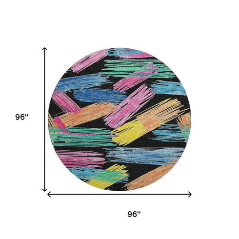 8' Black Pink And Yellow Striped Washable Round Rug With UV Protection