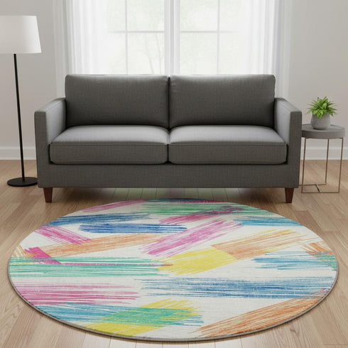 8' White Yellow And Pink Striped Washable Round Rug With UV Protection