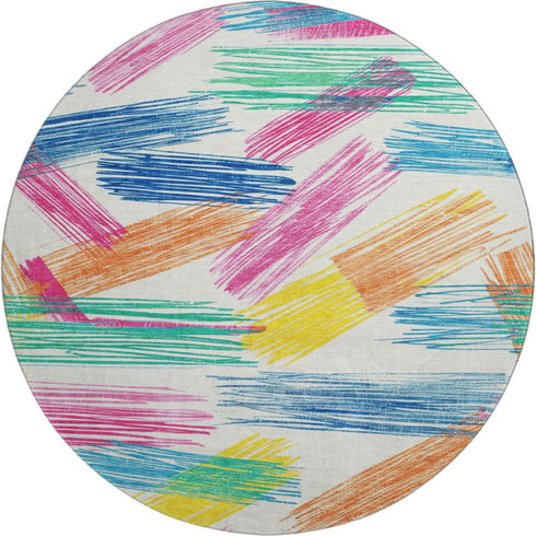 8' White Yellow And Pink Striped Washable Round Rug With UV Protection