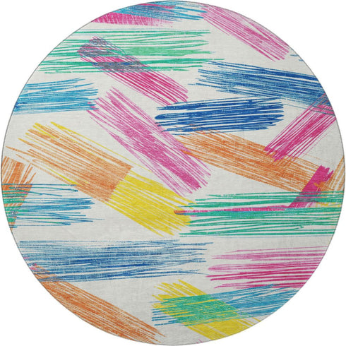 8' White Yellow And Pink Striped Washable Round Rug With UV Protection