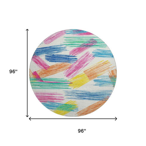 8' White Yellow And Pink Striped Washable Round Rug With UV Protection