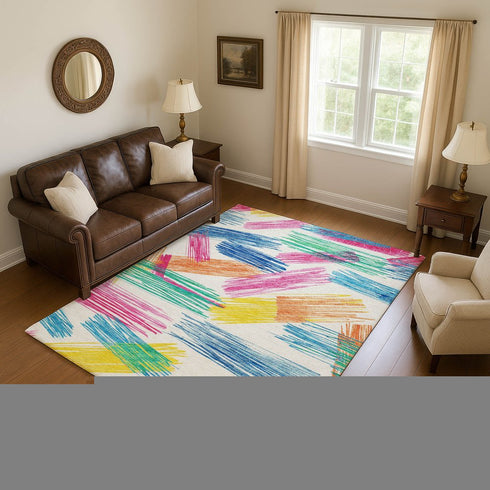 8' X 10' White Yellow And Pink Striped Washable Area Rug With UV Protection