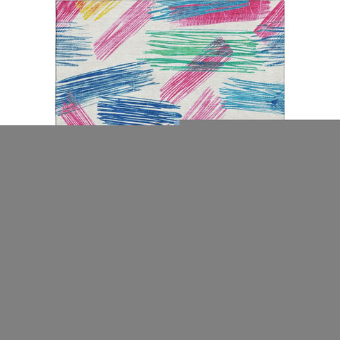 8' X 10' White Yellow And Pink Striped Washable Area Rug With UV Protection