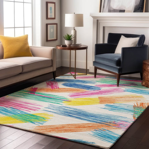 8' X 10' White Yellow And Pink Striped Washable Area Rug With UV Protection