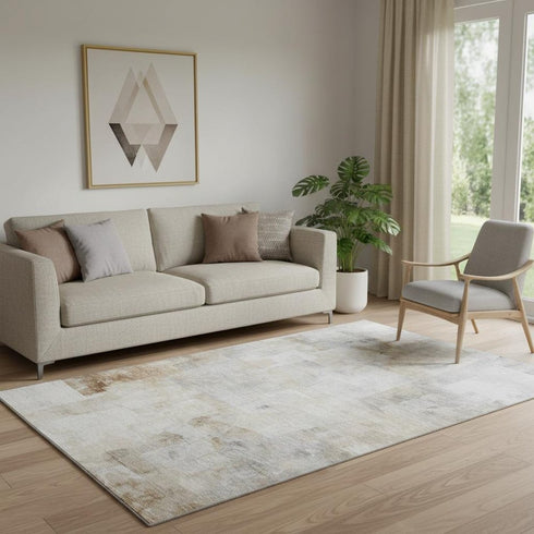 5' X 8' Beige Gray And Silver Abstract Washable Area Rug With UV Protection