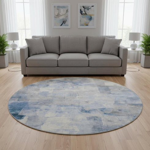 8' Denim Blue Gray And Silver Abstract Washable Round Rug With UV Protection