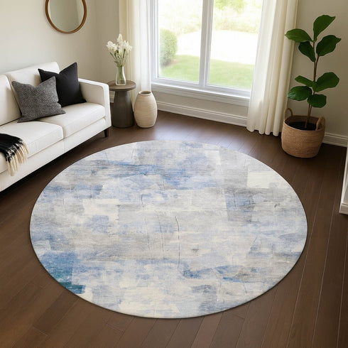 8' Denim Blue Gray And Silver Abstract Washable Round Rug With UV Protection