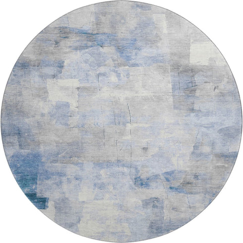 8' Denim Blue Gray And Silver Abstract Washable Round Rug With UV Protection