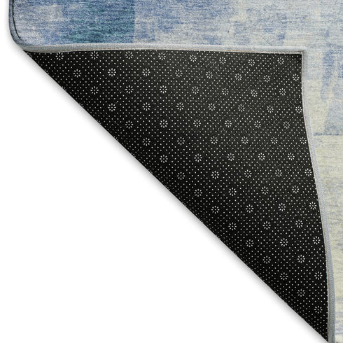 8' Denim Blue Gray And Silver Abstract Washable Round Rug With UV Protection