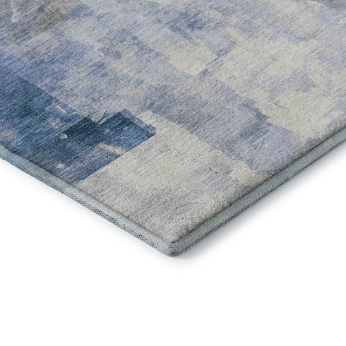 8' Denim Blue Gray And Silver Abstract Washable Round Rug With UV Protection