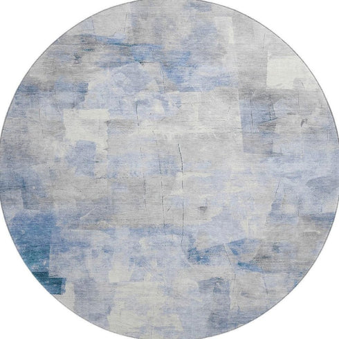 8' Denim Blue Gray And Silver Abstract Washable Round Rug With UV Protection
