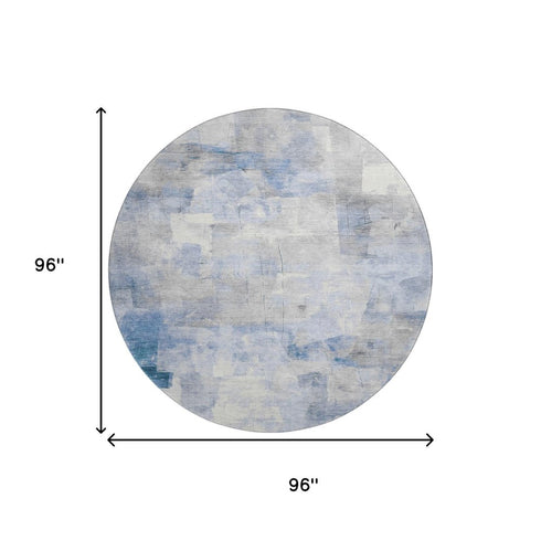 8' Denim Blue Gray And Silver Abstract Washable Round Rug With UV Protection