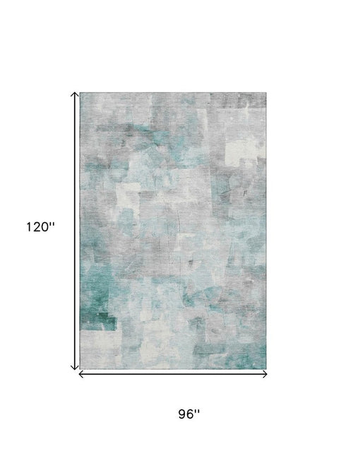 8' X 10' Teal Gray And Silver Abstract Washable Area Rug With UV Protection