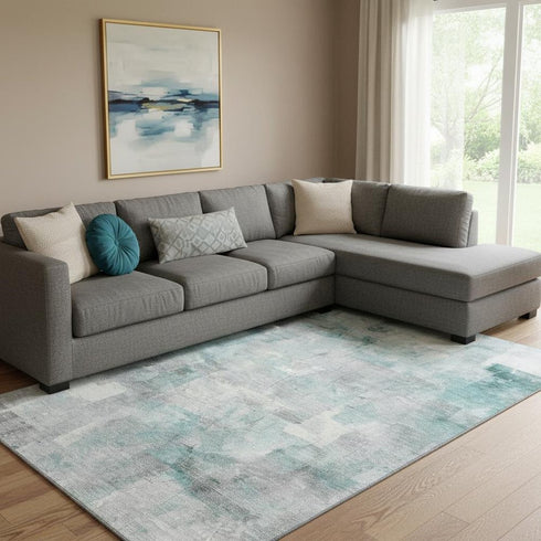 8' X 10' Teal Gray And Silver Abstract Washable Area Rug With UV Protection