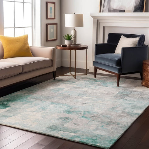8' X 10' Teal Gray And Silver Abstract Washable Area Rug With UV Protection
