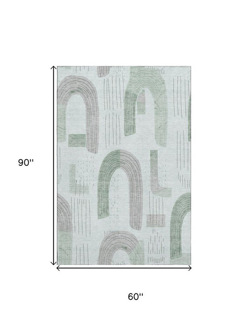 5' X 8' Mint Green Gray And Ivory Geometric Washable Area Rug With UV Protection