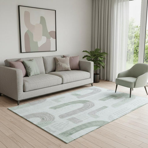5' X 8' Mint Green Gray And Ivory Geometric Washable Area Rug With UV Protection