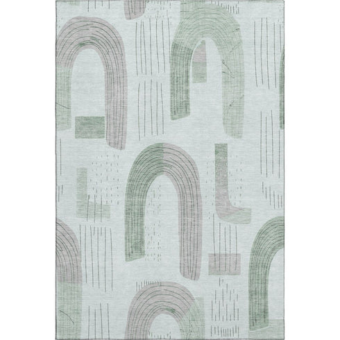 5' X 8' Mint Green Gray And Ivory Geometric Washable Area Rug With UV Protection