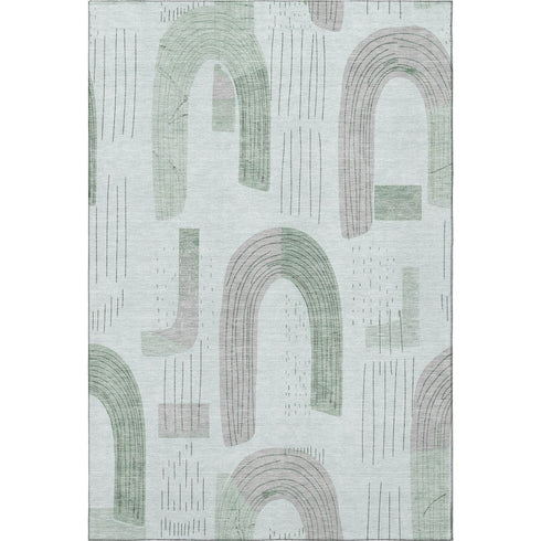 5' X 8' Mint Green Gray And Ivory Geometric Washable Area Rug With UV Protection