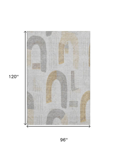 8' X 10' Silver Gold And Gray Geometric Washable Area Rug With UV Protection
