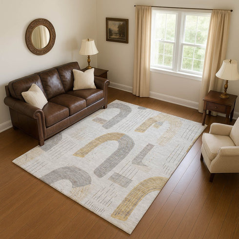 8' X 10' Silver Gold And Gray Geometric Washable Area Rug With UV Protection