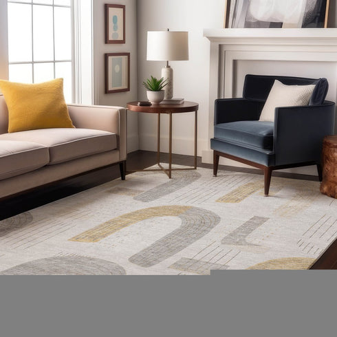 8' X 10' Silver Gold And Gray Geometric Washable Area Rug With UV Protection
