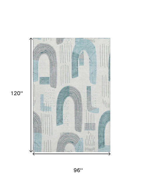 8' X 10' Teal Gray And Silver Geometric Washable Area Rug With UV Protection