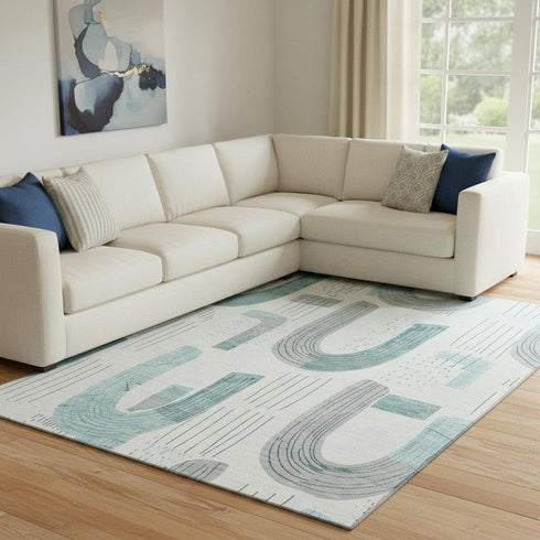 8' X 10' Teal Gray And Silver Geometric Washable Area Rug With UV Protection