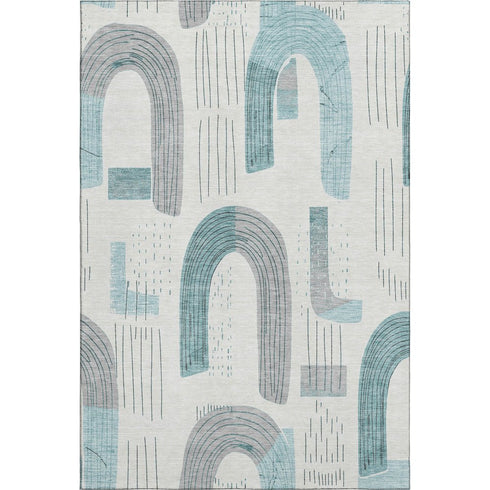 8' X 10' Teal Gray And Silver Geometric Washable Area Rug With UV Protection