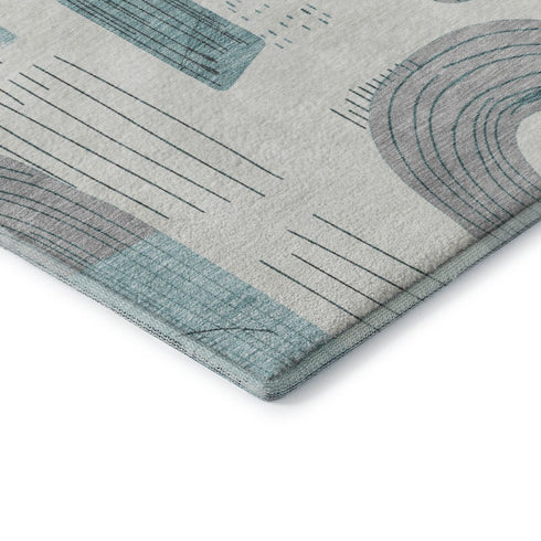 8' X 10' Teal Gray And Silver Geometric Washable Area Rug With UV Protection