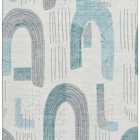 8' X 10' Teal Gray And Silver Geometric Washable Area Rug With UV Protection