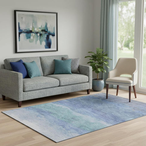 5' X 8' Blue And Teal Striped Washable Area Rug With UV Protection