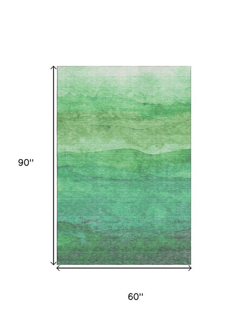 5' X 8' Green And Ivory Striped Washable Area Rug With UV Protection