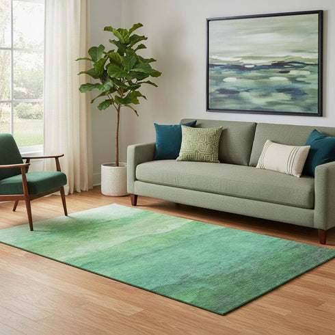 5' X 8' Green And Ivory Striped Washable Area Rug With UV Protection