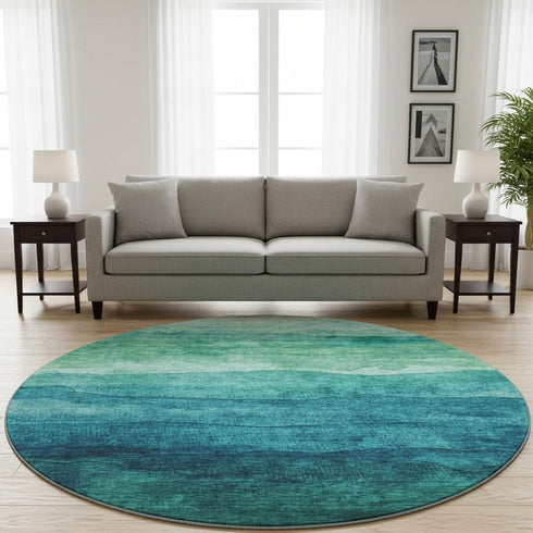 8' Teal And Green Striped Washable Round Rug With UV Protection