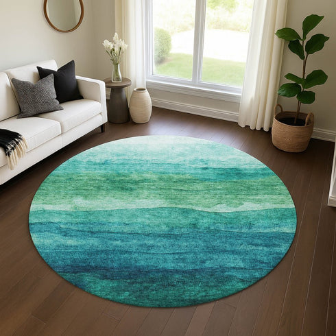8' Teal And Green Striped Washable Round Rug With UV Protection