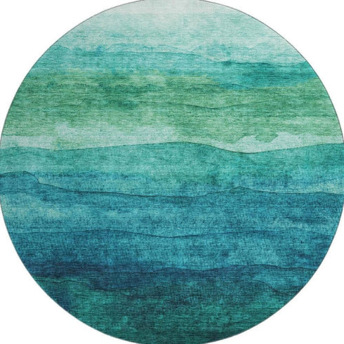 8' Teal And Green Striped Washable Round Rug With UV Protection