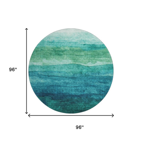 8' Teal And Green Striped Washable Round Rug With UV Protection