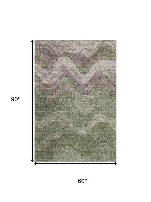 5' X 8' Green Taupe And Beige Abstract Washable Area Rug With UV Protection