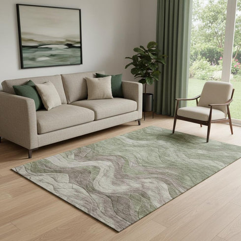 5' X 8' Green Taupe And Beige Abstract Washable Area Rug With UV Protection